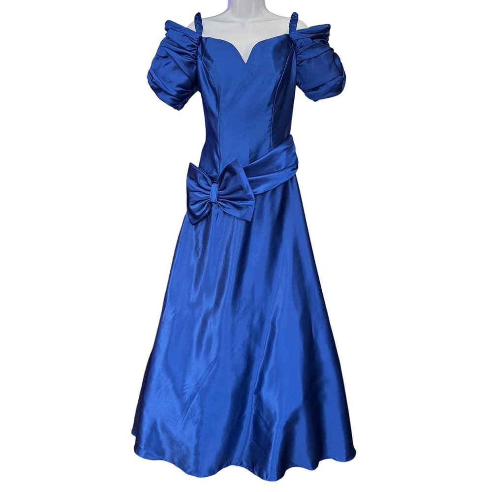 80s Jordan Gown Royal Blue Satin Prom Formal Gala Bow Sweetheart Puff Sleeve